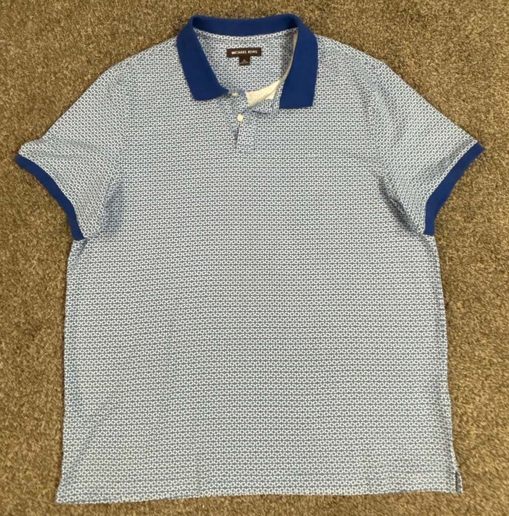 Michael Kors Geometric Polo Size XL Blue White Short Sleeve Shirt